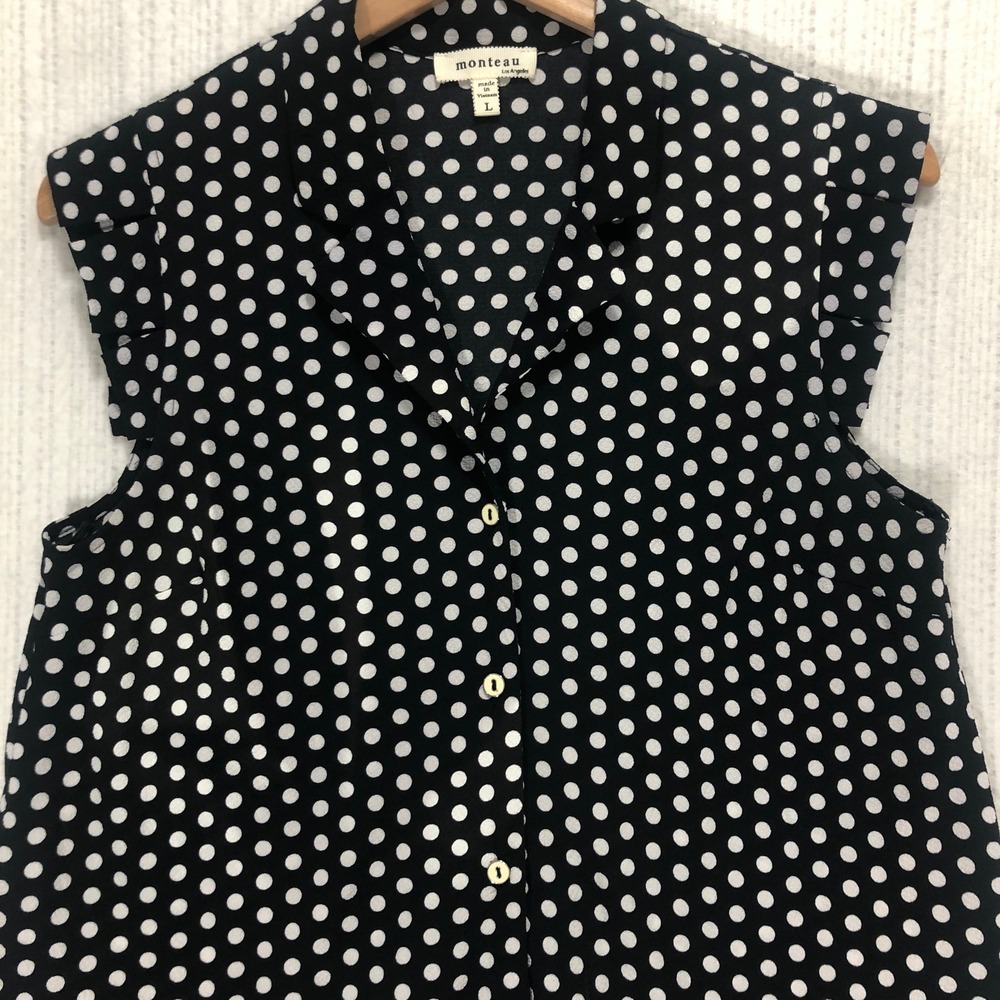 Monteau‎ Los Angeles Black White Polka Dot Tie Front Sleeveless Blouse L 28543